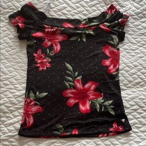 Guess Black and Red Floral Off-Shoulder Blouse